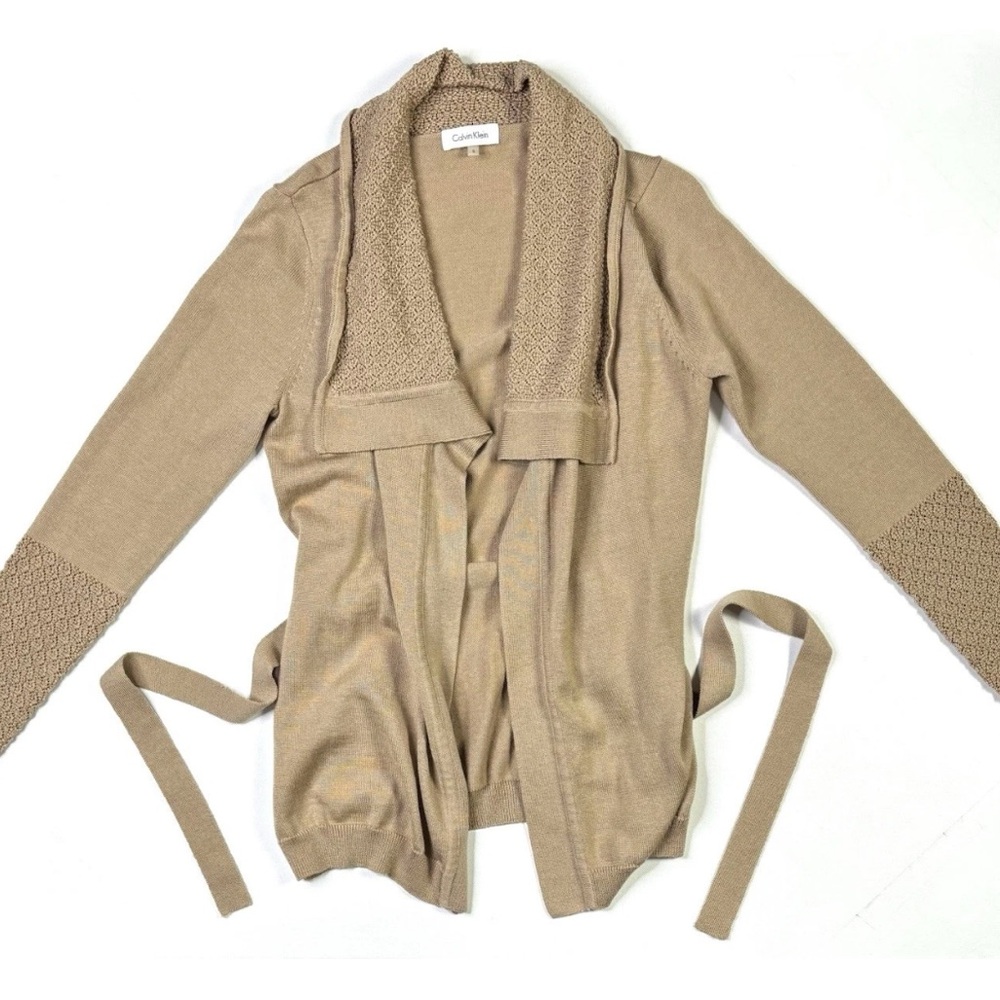 Calvin Klein Cardigan Women’s Small Wool Blend Tan Open Front Tie Knit Stretch